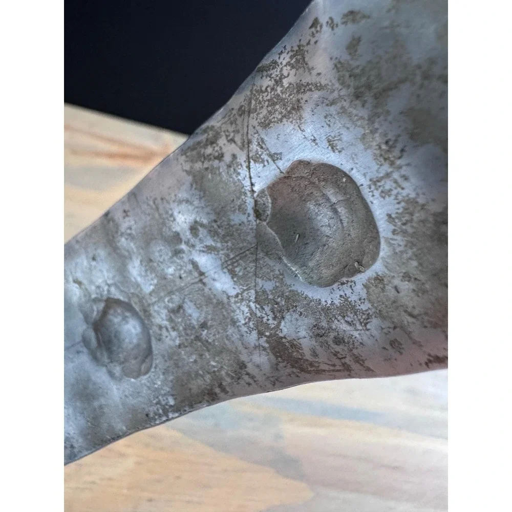 Brutalist Industrial vintage hammered ALUMINUM tray with riveted handle LIGHT